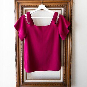 Ann Taylor Size XS Magenta Berry Red Cold Tie Shoulder Ruffle Sleeve Blouse